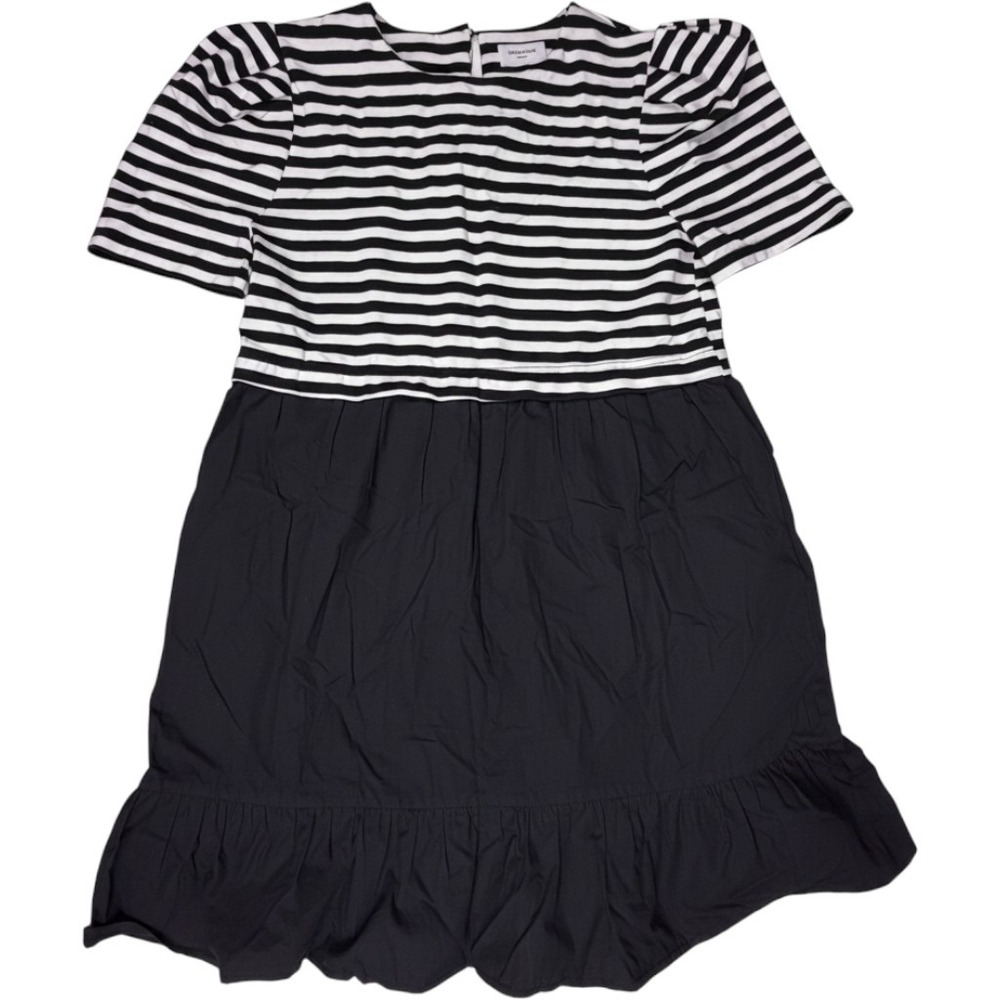 AnnieWear Los Angeles Striped Puff Sleeve Mini Dress Black White Pockets Large
